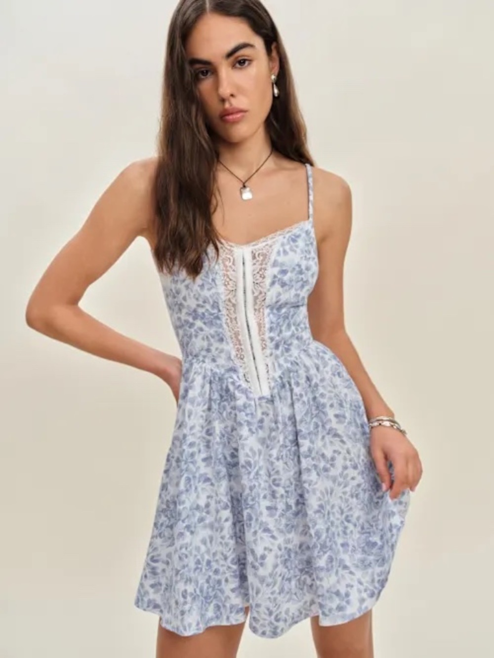 Reformation Olina Linen Mini Dress Blue With While Lace Insert - Size 4 New